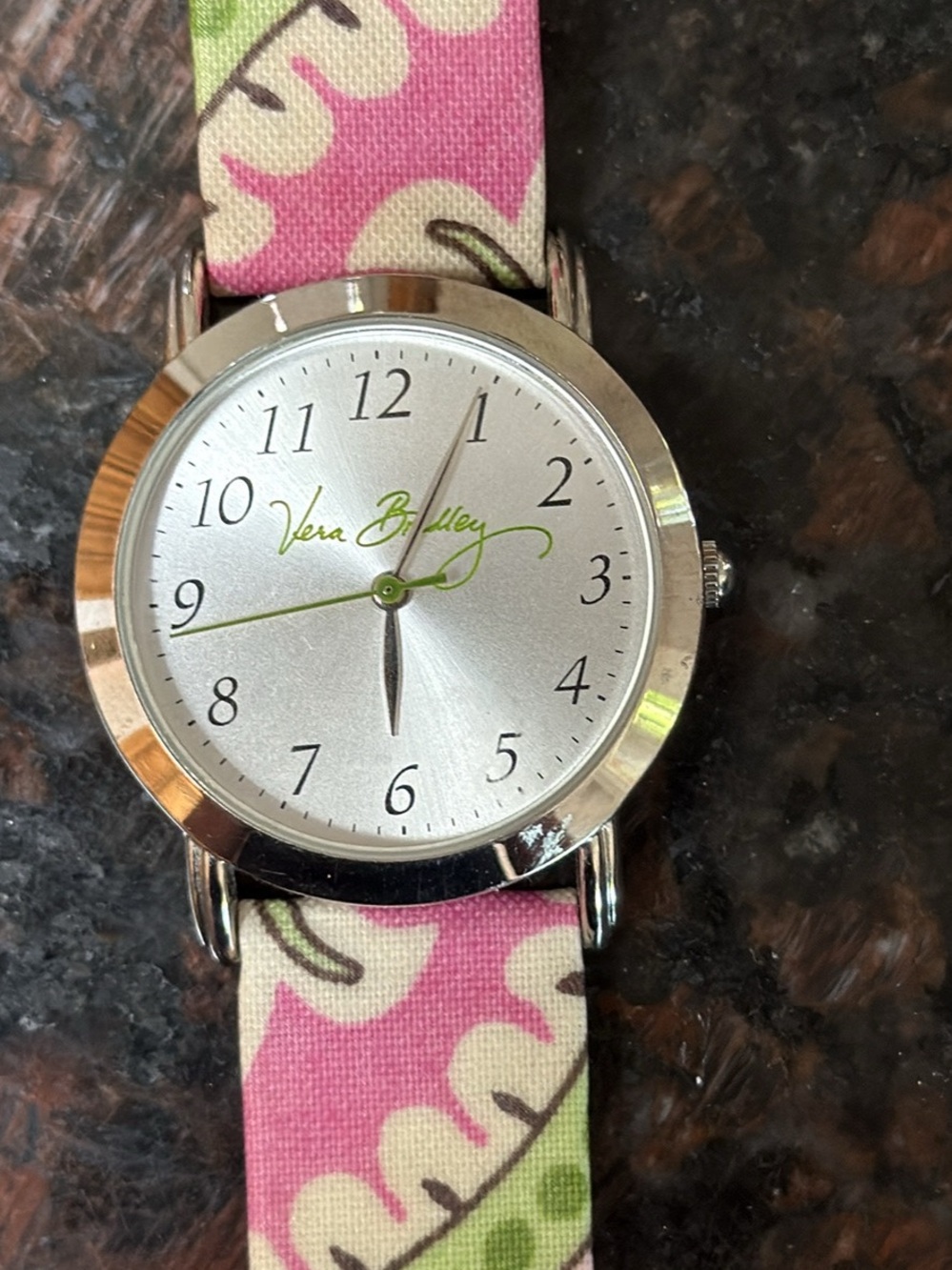 Vera Bradley watch with a Pink & Green patterned strap and silver faced watch